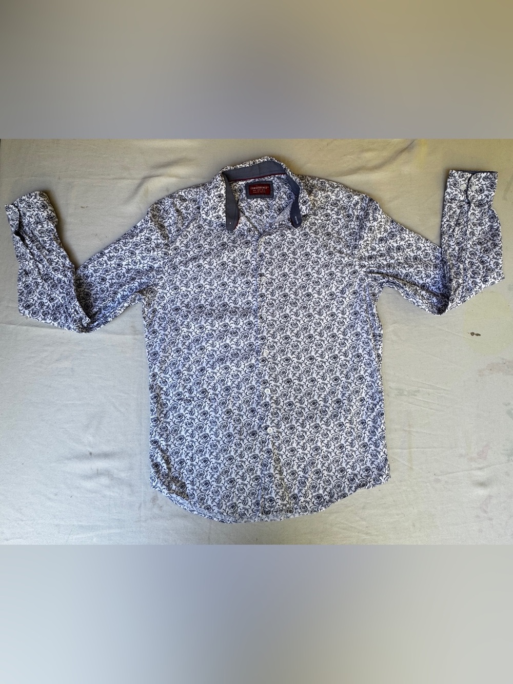 consequence Y2K office wear paisley floral navy white long sleeve size M